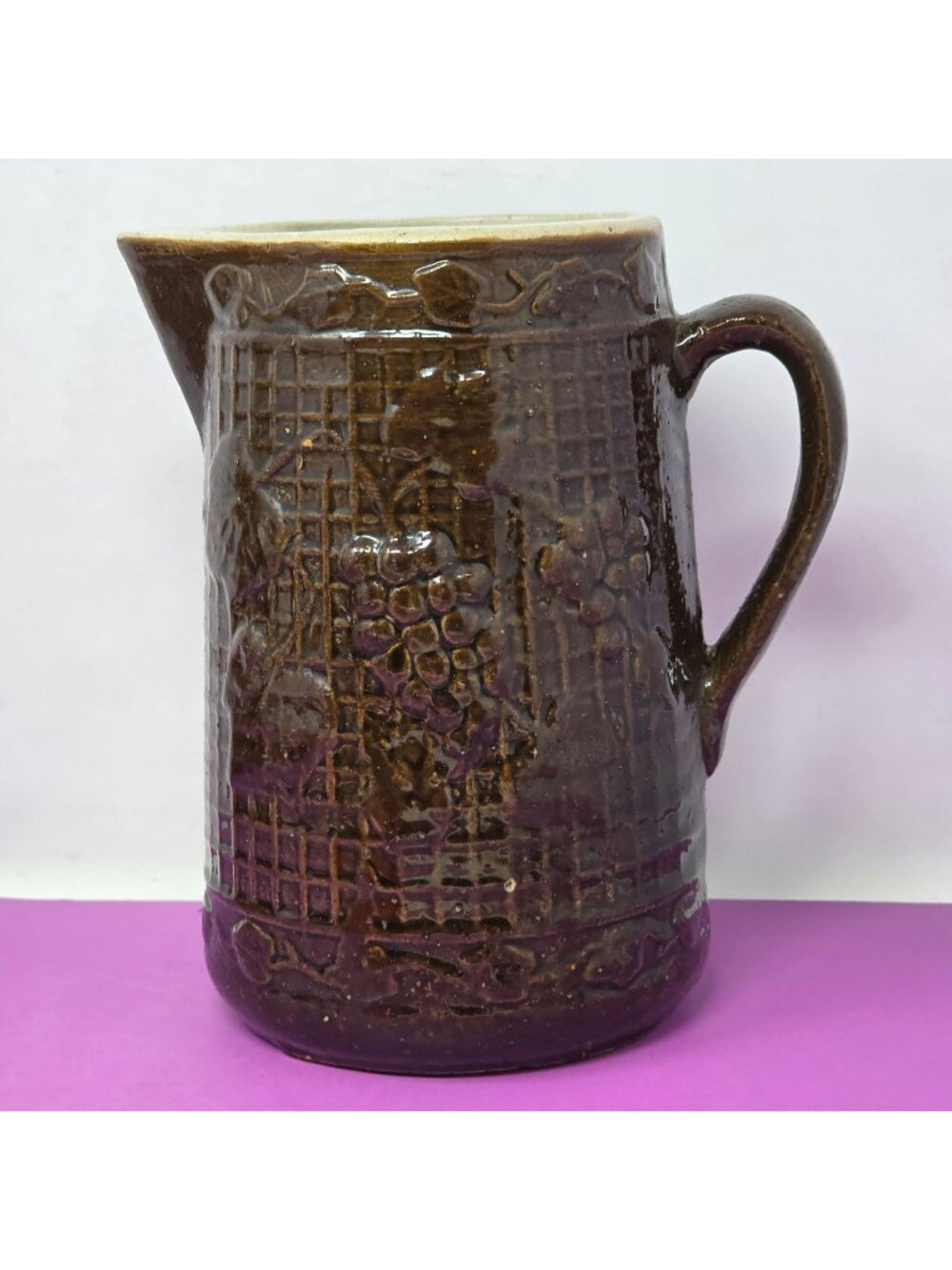 Vintage Brown Stoneware Glazed Pitcher Grape Vine Design Rustic Farmhouse Decor